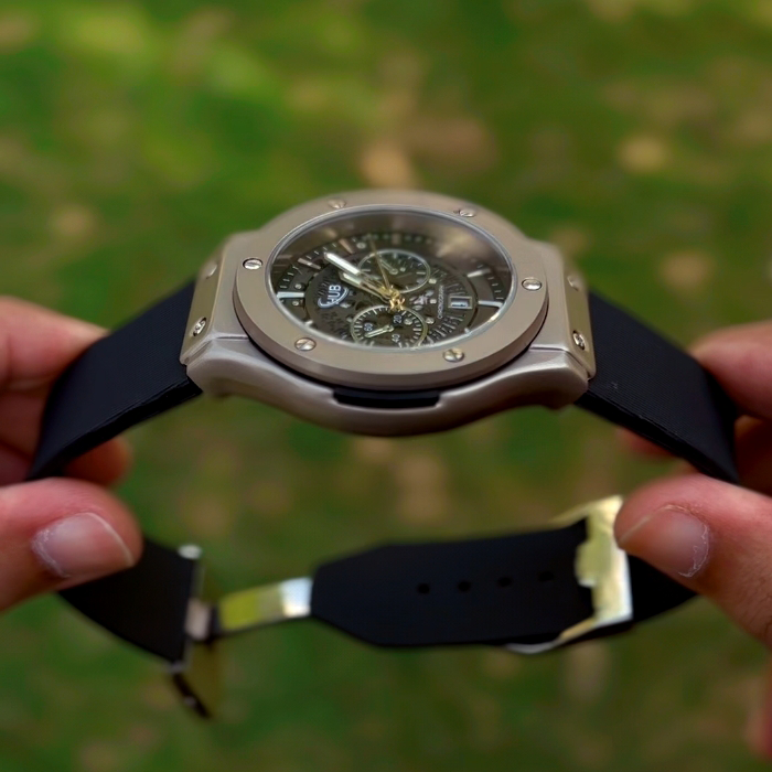 HUB Titanium-Silver Semi Automatic Watch | Fully Functional Date & Skeleton Dial