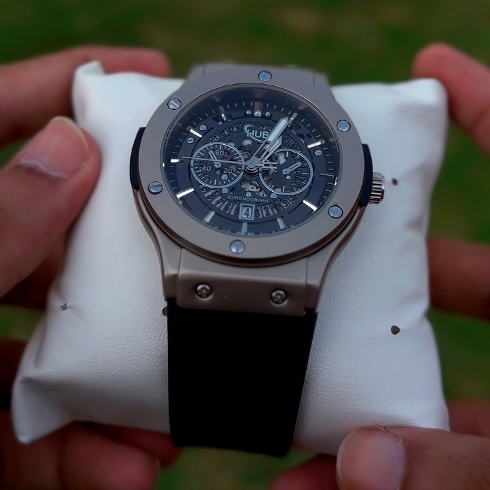 HUB Titanium-Silver Semi Automatic Watch | Fully Functional Date & Skeleton Dial