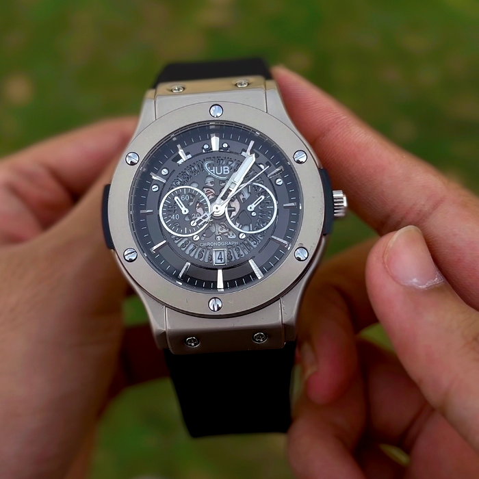HUB Titanium-Silver Semi Automatic Watch | Fully Functional Date & Skeleton Dial