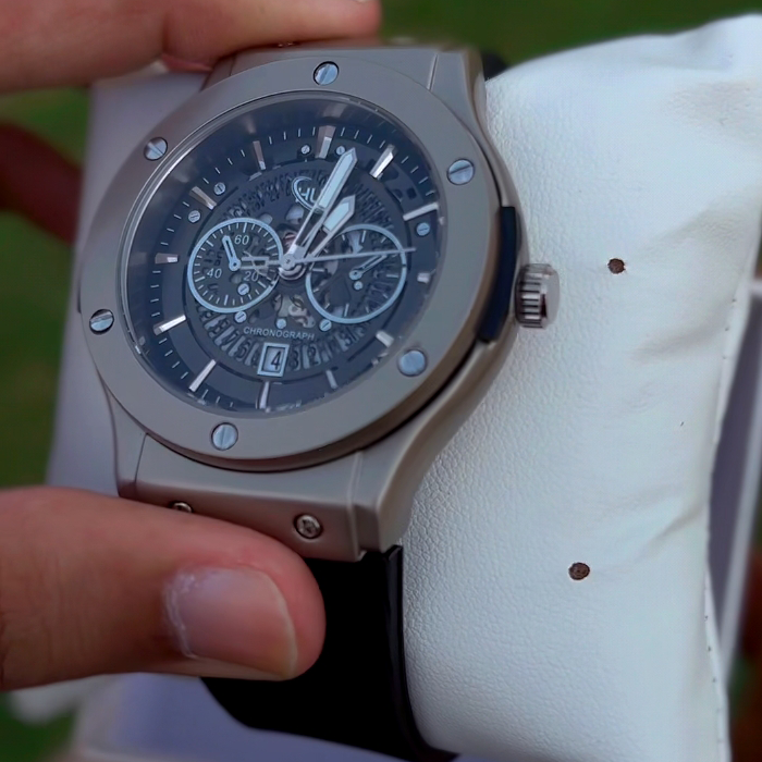 HUB Titanium-Silver Semi Automatic Watch | Fully Functional Date & Skeleton Dial